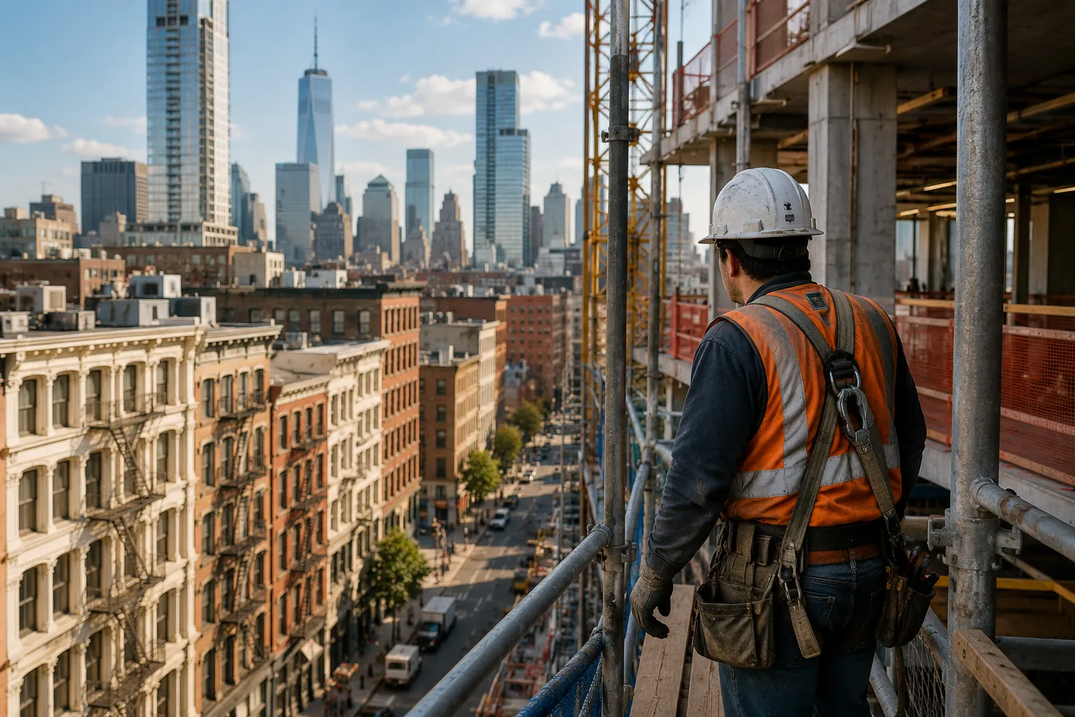 Construction worker overlooking city skyline from scaffolding