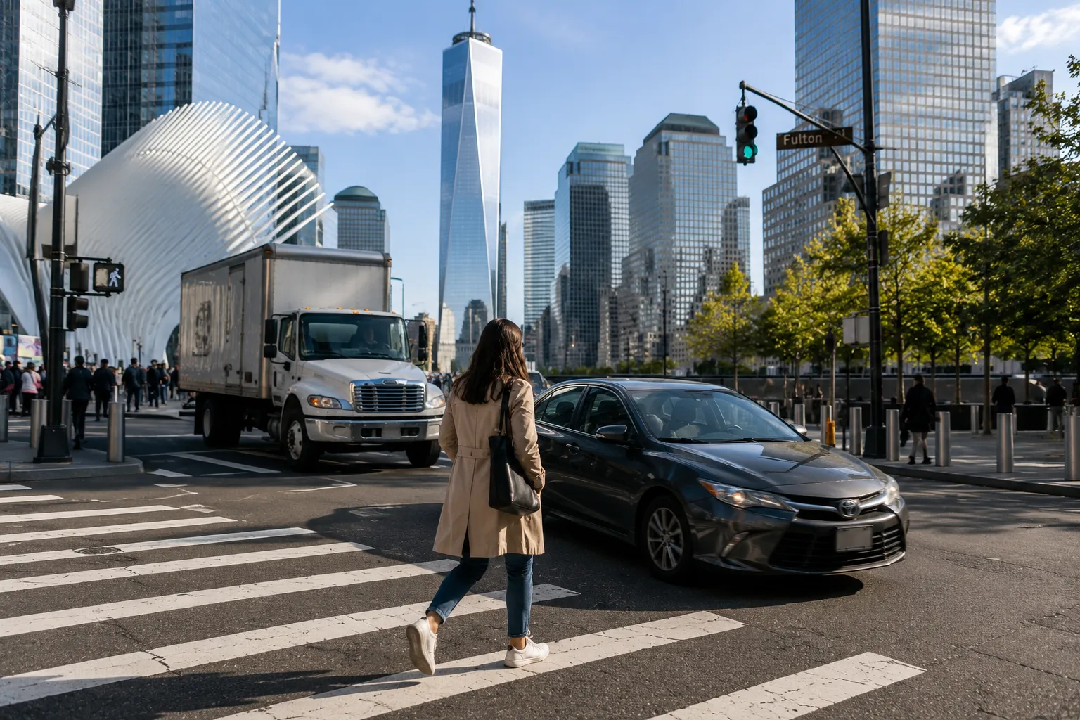 Here’s What to Do if Hit by a Vehicle Near the World Trade Center img Woman crossing street near One World Trade Center