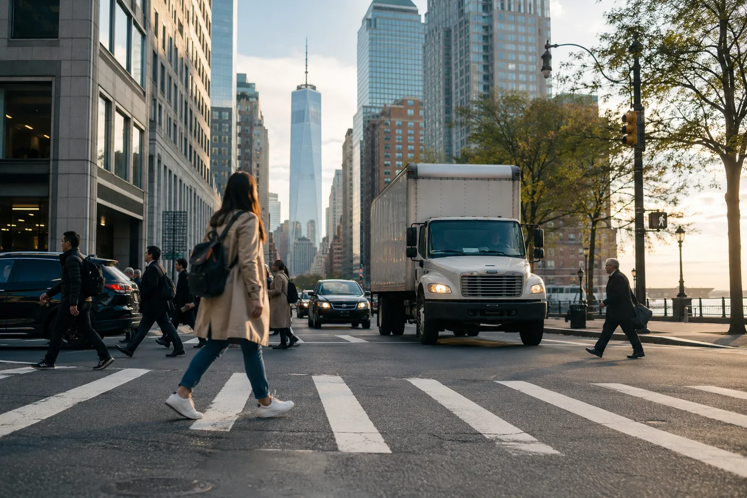 Pedestrians crossing busy New York City street
