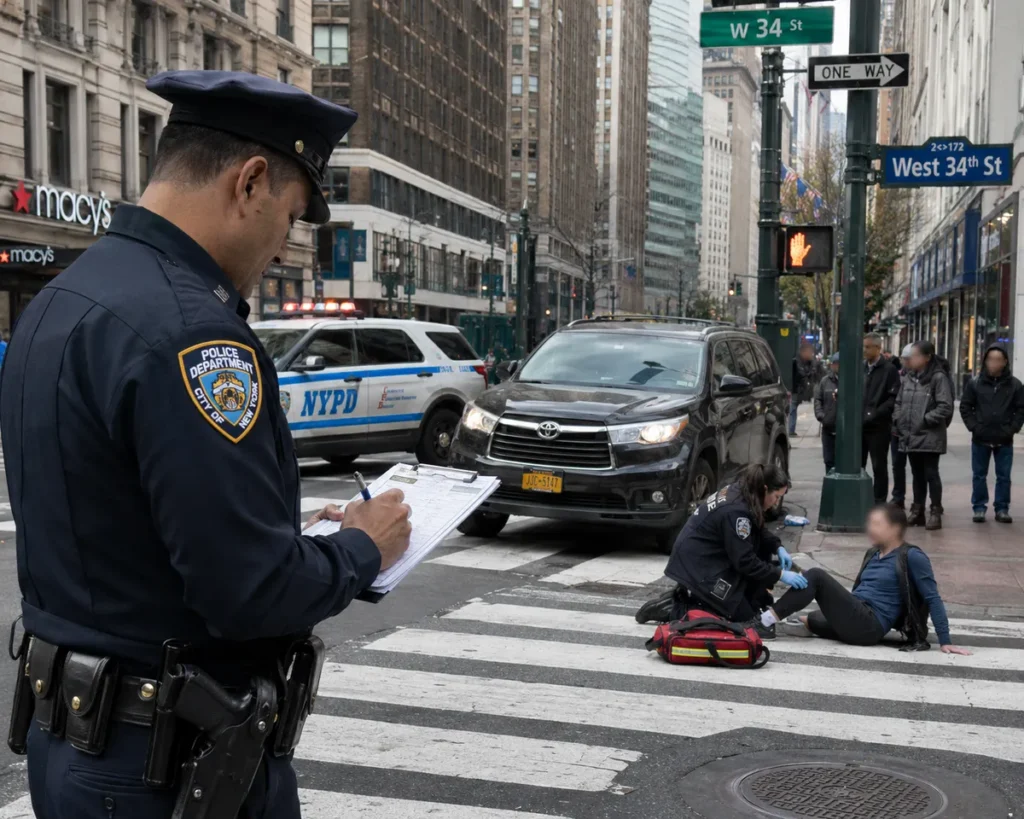 NYPD officers assist injured pedestrian at crosswalk