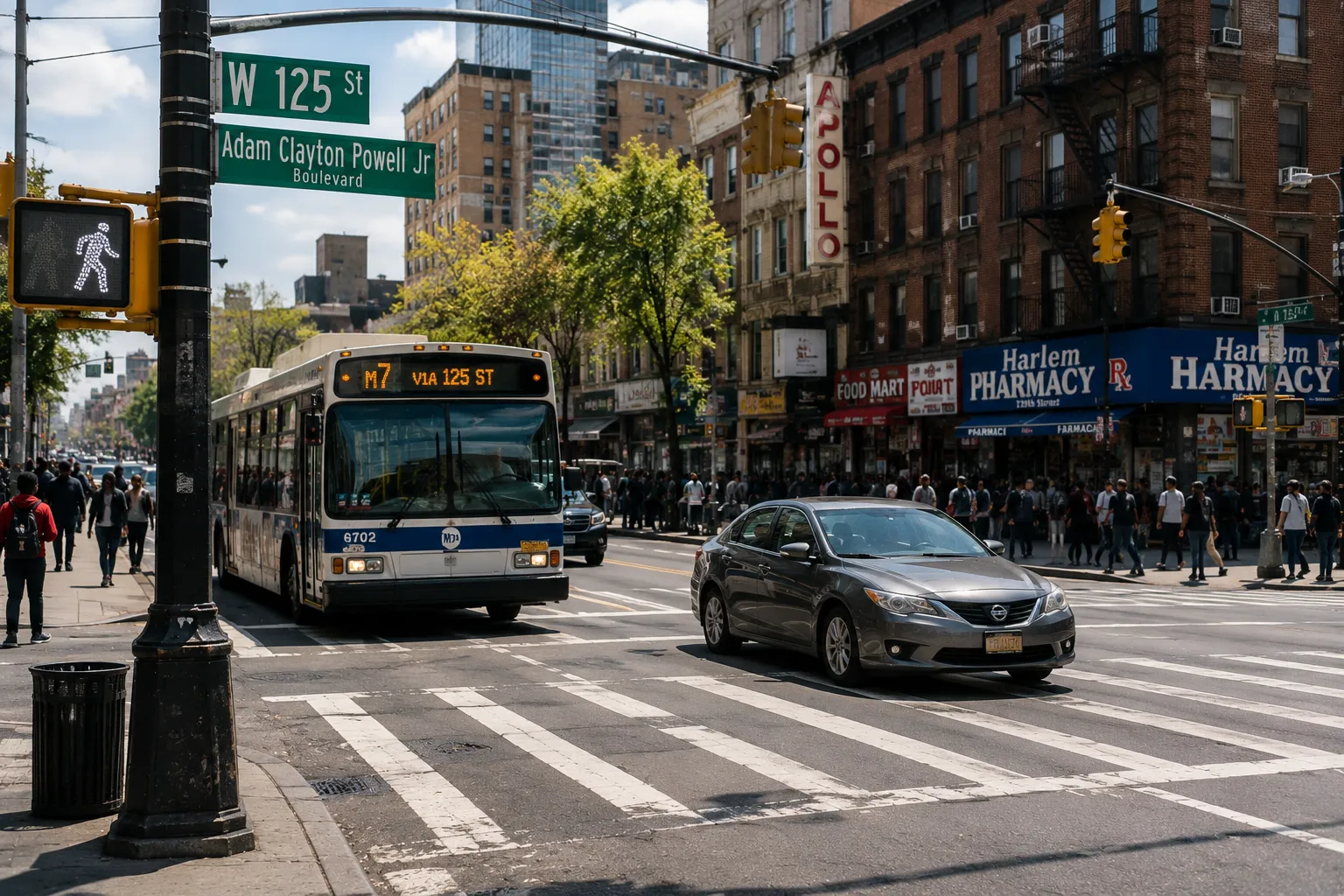 pedestrian accident attorney serving harlem Harlem intersection with bus and Apollo Theater sign