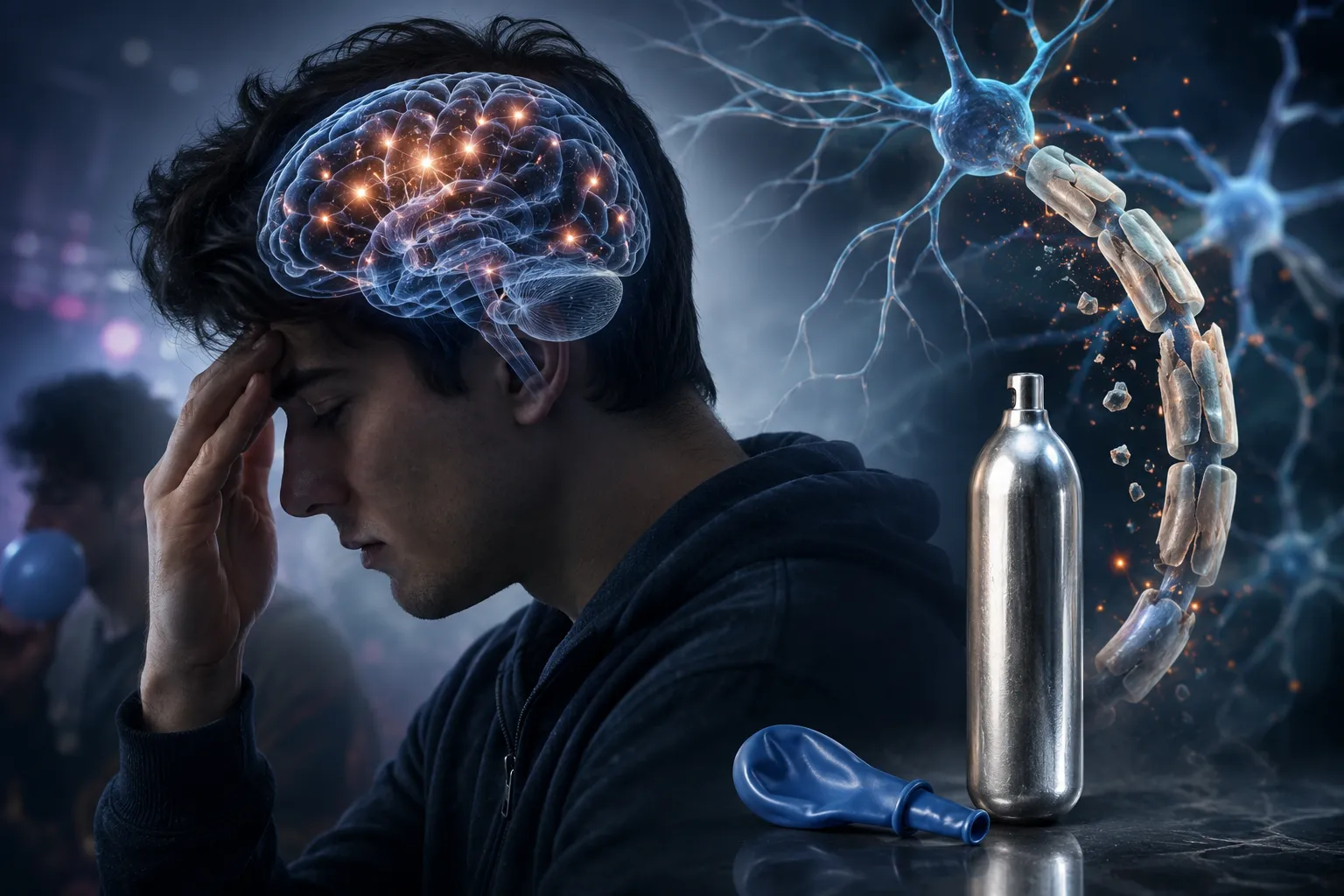 Conceptual illustration showing the cognitive effects of Galaxy Gas and Whip-Its, including brain fog, memory loss, and nerve damage caused by nitrous oxide-related vitamin B12 depletion.