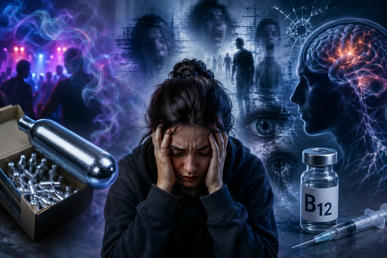Illustration depicting the neurological and psychiatric effects of nitrous oxide abuse, including psychosis, hallucinations, vitamin B12 deficiency, and brain injury.