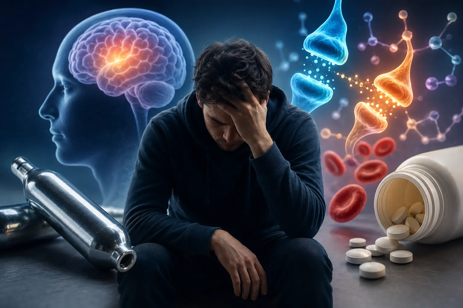 Illustration of a person experiencing depression linked to nitrous oxide exposure, with brain, neurotransmitter, and vitamin B12 deficiency concepts depicted visually.
