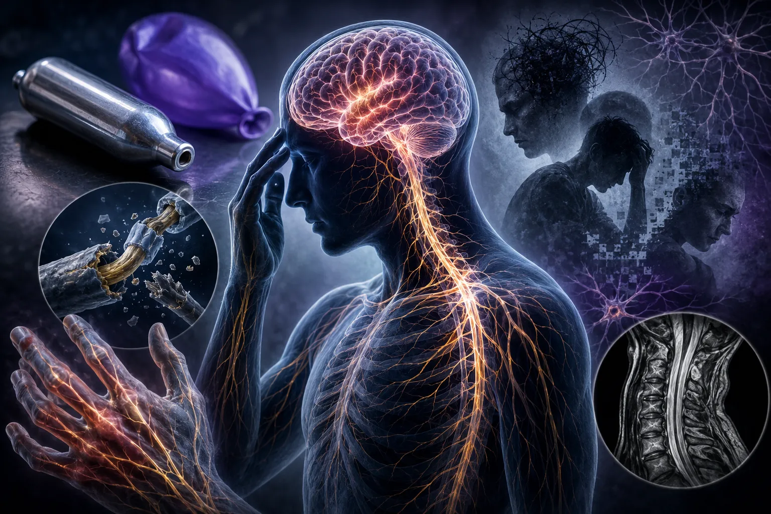 Medical illustration showing the neurological effects of recreational nitrous oxide use, including brain and spinal cord damage, peripheral nerve injury, and psychiatric symptoms caused by vitamin B12 depletion.