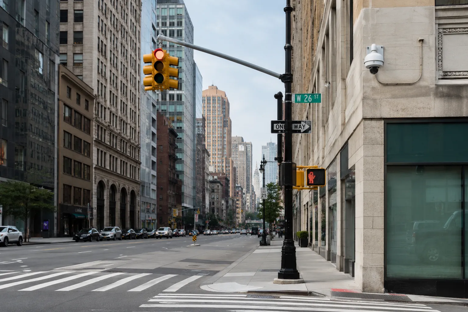 Manhattan crosswalk with traffic camera relevant to pedestrian accident evidence