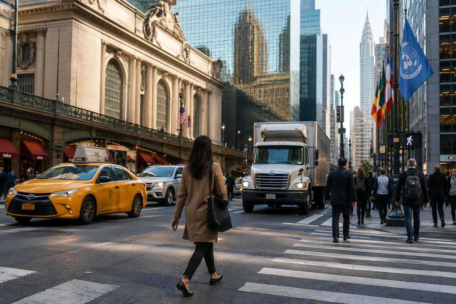 pedestrian struck by car in Midtown East, Manhattan Pedestrians crossing busy Midtown Manhattan street at rush hour