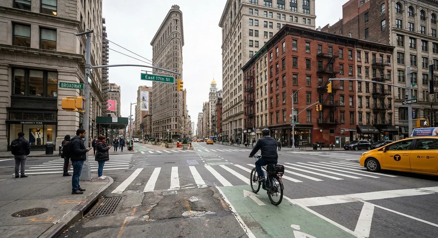 Pedestrian crossing a busy intersection near Union Square in Manhattan, representing personal injury accidents in Gramercy Park, Flatiron, and the East Village.